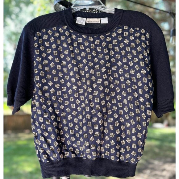 Vintage Anne Klein II Womens Top L Short Sleeve Wool/Silk Blue Beige Sweater - Picture 2 of 6